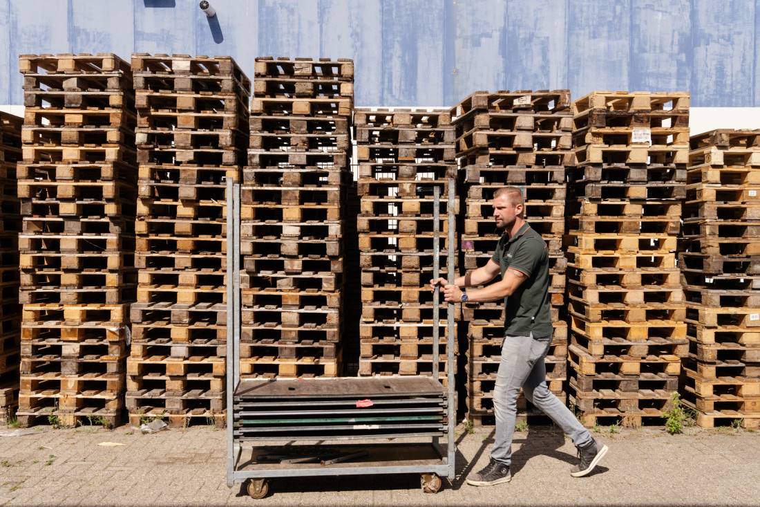 man duwt kar met pallets Kandidaat aan het werk met pallets